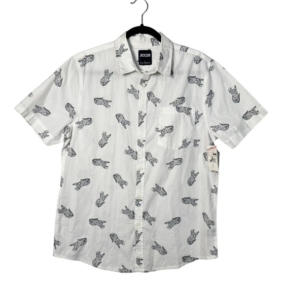 NWT JACKSON White And Black Cheetah Leopard Graphic Men's Poplin Button Up Sz L - Picture 1 of 15